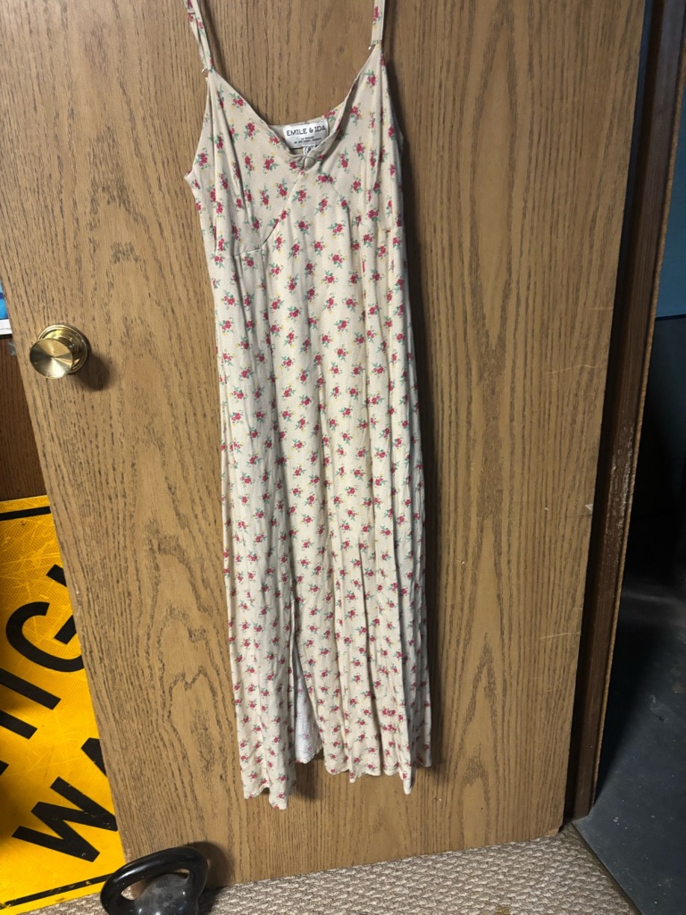 Emile et Ida Cream Midi Dress with Pink Floral Print